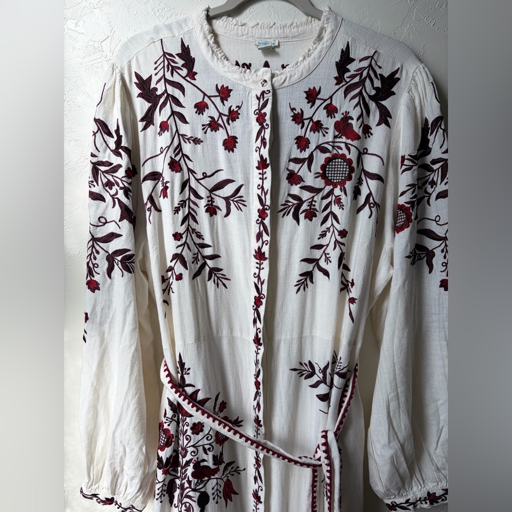 Sundance White Burgundy Embroidered Maxi Dress Tie Waist Boho Cottagecore XL - Picture 8 of 16